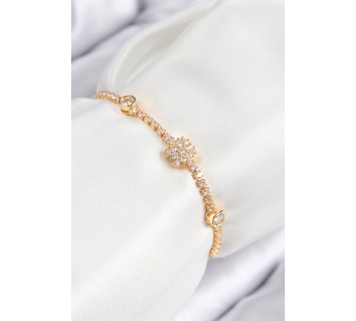 Pirinç Zirkon Taşlı Kar Tanesi Model Gold Renk Asansörlü Kadın Bileklik - TJ-BB7723