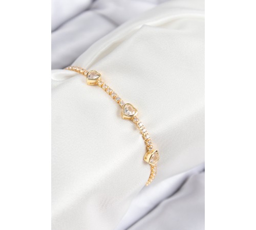 Pirinç Zirkon Taşlı Sıralı Kalp Model Gold Renk Kadın Bileklik - TJ-BB7729