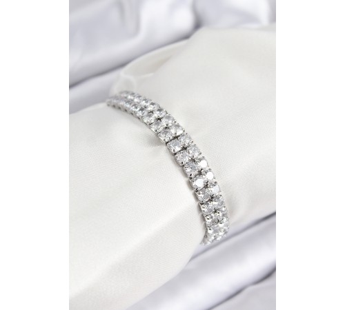 Pirinç Zirkon Taşlı Çift Sıra Kare Model Gümüş Renk Asansörlü Kadın Bileklik - TJ-BB7730