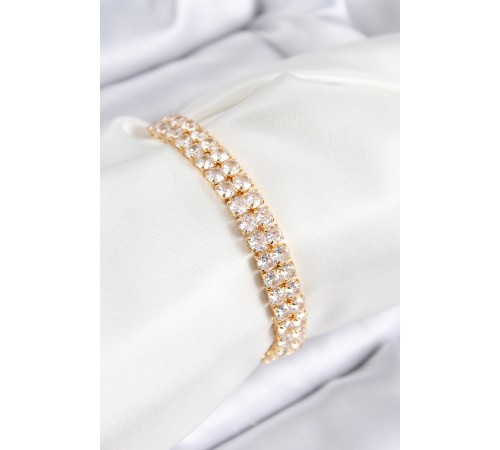 Pirinç Zirkon Taşlı Çift Sıra Kare Model Gold Renk Asansörlü Kadın Bileklik - TJ-BB7731