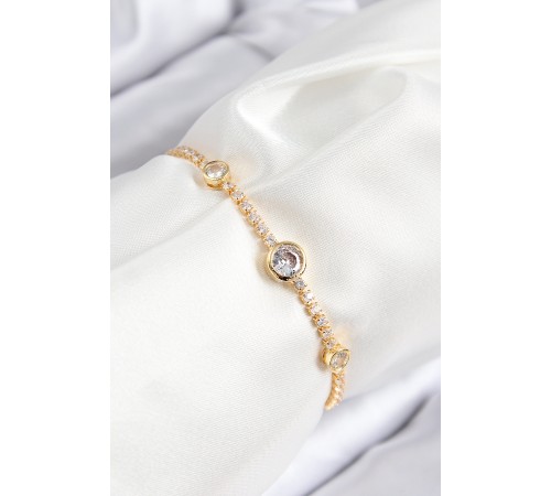Pirinç Zirkon Taşlı Daire Model Gold Renk Asansörlü Kadın Bileklik - TJ-BB7733
