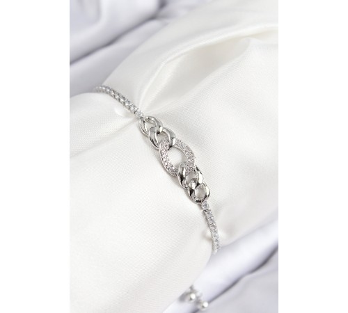 Pirinç Zirkon Taşlı Zincir Model Gümüş Renk Asansörlü Kadın Bileklik - TJ-BB7734