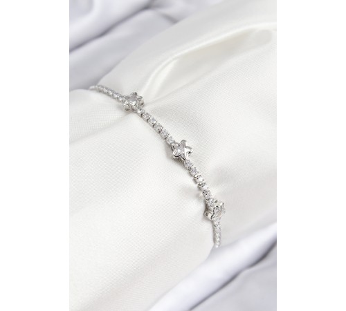 Pirinç Zirkon Taşlı Yıldız Model Gümüş Renk Asansörlü Kadın Bileklik - TJ-BB7736