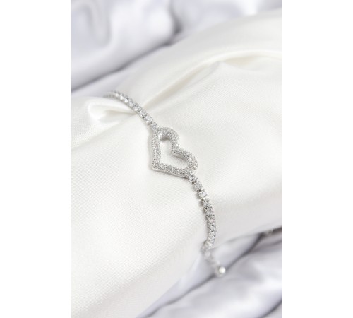 Pirinç Zirkon Taşlı Kalp Model Gümüş Renk Asansörlü Kadın Bileklik - TJ-BB7742