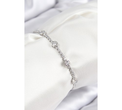 Pirinç Zirkon Taşlı Daire Model Gümüş Renk Asansörlü Kadın Bileklik - TJ-BB7744