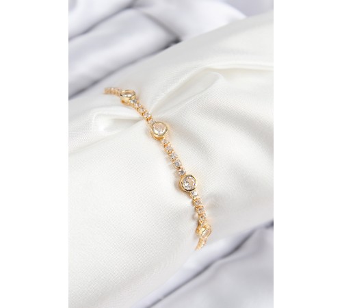 Pirinç Zirkon Taşlı Daire Model Gold Renk Asansörlü Kadın Bileklik - TJ-BB7745