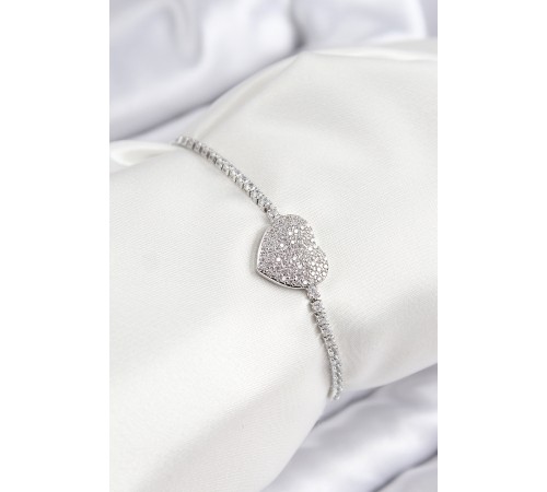 Pirinç Zirkon Taşlı Kalp Model Gümüş Renk Asansörlü Kadın Bileklik - TJ-BB7746