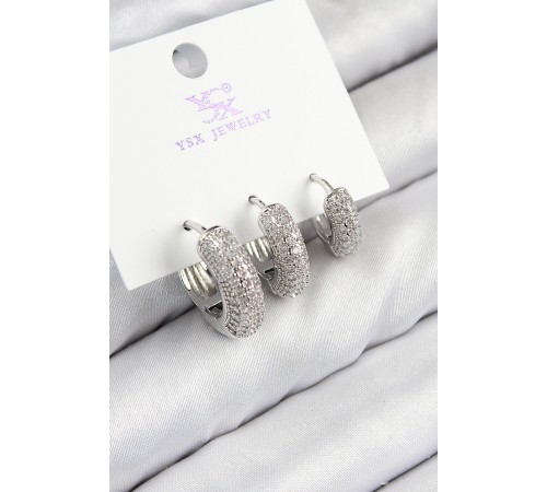 Pirinç Zirkon Taşlı 3'lü Halka Model Gümüş Renk Kadın Küpe - TJ-BKP11123