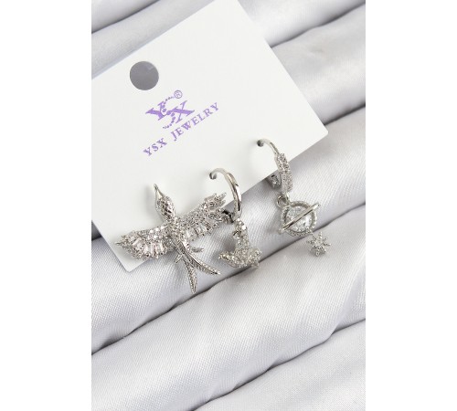 Pirinç Zirkon Taşlı 3'lü Kuş Model Gümüş Renk Kadın Küpe - TJ-BKP11124