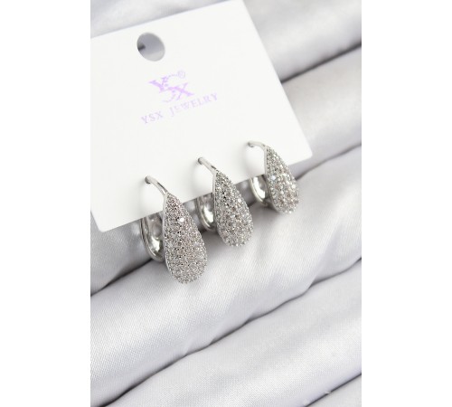 Pirinç Zirkon Taşlı 3'lü Damla Model Gümüş Renk Kadın Küpe - TJ-BKP11125