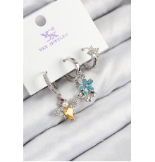 Pirinç Zirkon Taşlı 3'lü Arı Ve Çiçek Model Gümüş Renk Kadın Küpe - TJ-BKP11126