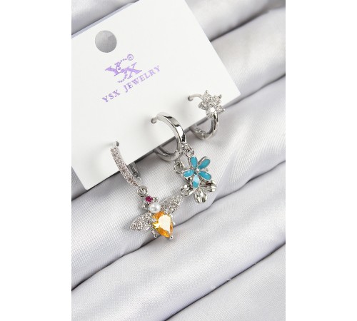 Pirinç Zirkon Taşlı 3'lü Arı Ve Çiçek Model Gümüş Renk Kadın Küpe - TJ-BKP11126