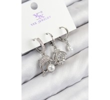 Pirinç Zirkon Taşlı 3'lü Yunus Balığı Ve İstiridye Model Gümüş Renk Kadın Küpe - TJ-BKP11127