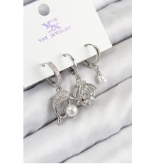 Pirinç Zirkon Taşlı 3'lü Yunus Balığı Ve İstiridye Model Gümüş Renk Kadın Küpe - TJ-BKP11127