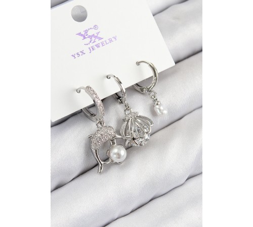 Pirinç Zirkon Taşlı 3'lü Yunus Balığı Ve İstiridye Model Gümüş Renk Kadın Küpe - TJ-BKP11127