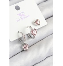 Pirinç Zirkon Taşlı 3'lü Pembe Kalp Model Gümüş Renk Kadın Küpe - TJ-BKP11128