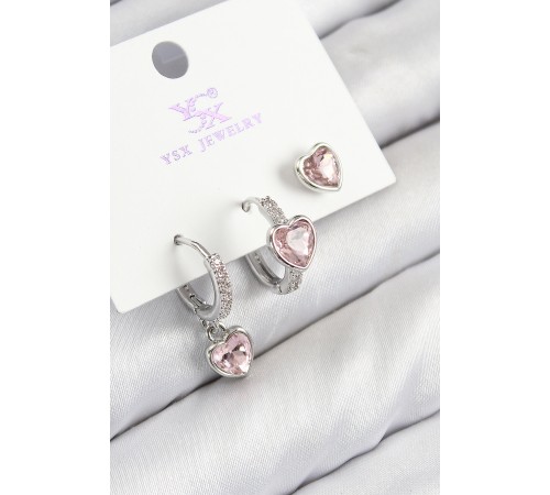 Pirinç Zirkon Taşlı 3'lü Pembe Kalp Model Gümüş Renk Kadın Küpe - TJ-BKP11128