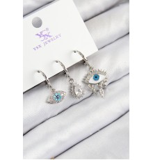 Pirinç Zirkon Taşlı 3'lü Fatma'nın Gözü Model Gümüş Renk Kadın Küpe - TJ-BKP11130