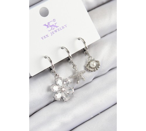 Pirinç Zirkon Taşlı 3'lü Çiçek Ve İstiridye Model Gümüş Renk Kadın Küpe - TJ-BKP11129