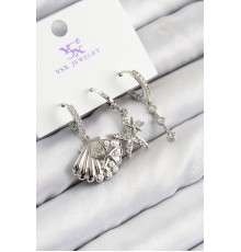 Pirinç Zirkon Taşlı 3'lü Yıldız Ve İstiridye Model Gümüş Renk Kadın Küpe - TJ-BKP11131