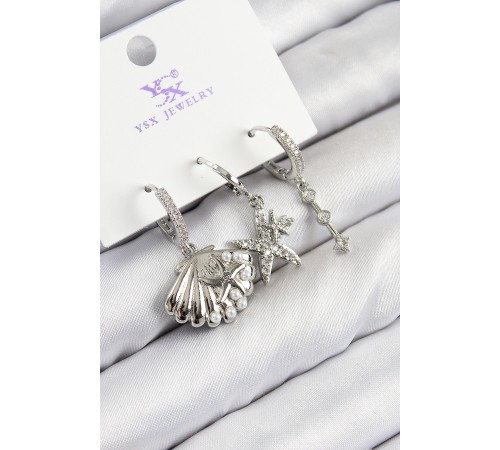 Pirinç Zirkon Taşlı 3'lü Yıldız Ve İstiridye Model Gümüş Renk Kadın Küpe - TJ-BKP11131