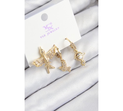 Pirinç Zirkon Taşlı 3'lü Kuş Model Gold Renk Kadın Küpe - TJ-BKP11133