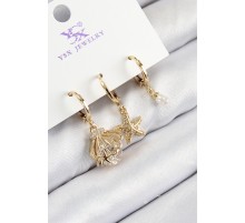 Pirinç Zirkon Taşlı 3'lü İstiridye Ve Yıldız Model Gold Renk Kadın Küpe - TJ-BKP11136