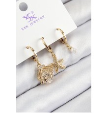 Pirinç Zirkon Taşlı 3'lü İstiridye Ve Yıldız Model Gold Renk Kadın Küpe - TJ-BKP11136
