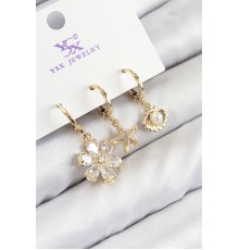 Pirinç Zirkon Taşlı 3'lü İstiridye Ve Çiçek Model Gold Renk Kadın Küpe - TJ-BKP11137