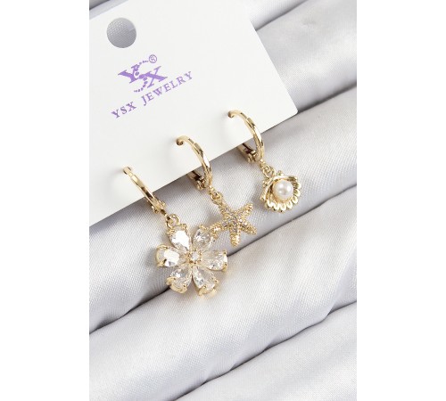 Pirinç Zirkon Taşlı 3'lü İstiridye Ve Çiçek Model Gold Renk Kadın Küpe - TJ-BKP11137