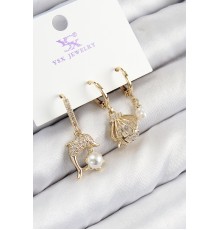 Pirinç Zirkon Taşlı 3'lü Yunus Balığı Ve İstiridye Model Gold Renk Kadın Küpe - TJ-BKP11139
