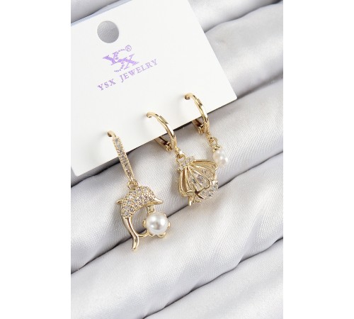 Pirinç Zirkon Taşlı 3'lü Yunus Balığı Ve İstiridye Model Gold Renk Kadın Küpe - TJ-BKP11139