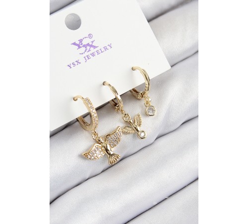 Pirinç Zirkon Taşlı 3'lü Kuş Model Gold Renk Kadın Küpe - TJ-BKP11140