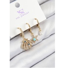 Pirinç Zirkon Taşlı 3'lü İstiridye Ve Yıldız Model Gold Renk Kadın Küpe - TJ-BKP11141