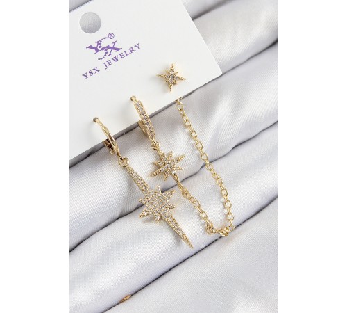 Pirinç Zirkon Taşlı 3'lü Kutup Yıldızı Model Gold Renk Kadın Küpe - TJ-BKP11142