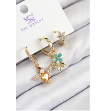 Pirinç Zirkon Taşlı 3'lü Arı Ve Çiçek Model Gold Renk Kadın Küpe - TJ-BKP11143
