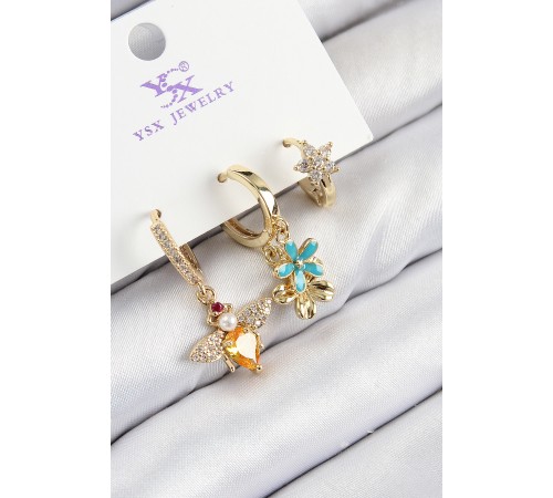 Pirinç Zirkon Taşlı 3'lü Arı Ve Çiçek Model Gold Renk Kadın Küpe - TJ-BKP11143