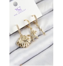 Pirinç Zirkon Taşlı 3'lü İstiridye Ve Yıldız Model Gold Renk Kadın Küpe - TJ-BKP11144
