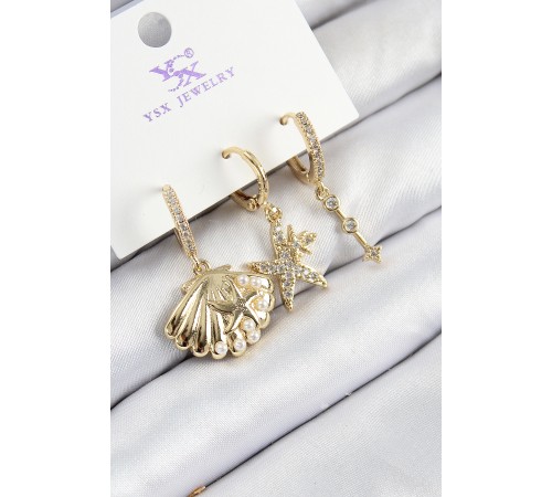 Pirinç Zirkon Taşlı 3'lü İstiridye Ve Yıldız Model Gold Renk Kadın Küpe - TJ-BKP11144
