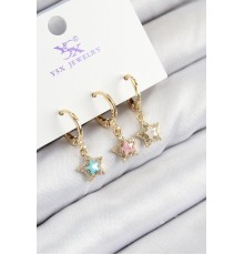 Pirinç Zirkon Taşlı 3'lü Renkli Yıldız Model Gold Renk Kadın Küpe - TJ-BKP11145