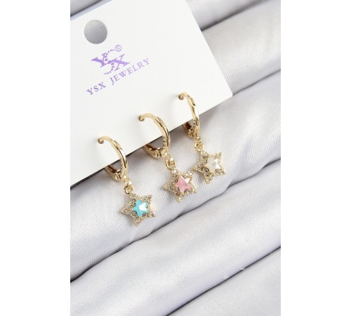 Pirinç Zirkon Taşlı 3'lü Renkli Yıldız Model Gold Renk Kadın Küpe - TJ-BKP11145