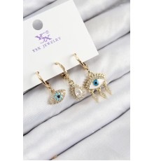 Pirinç Zirkon Taşlı 3'lü Fatma'nın Gözü Model Gold Renk Kadın Küpe - TJ-BKP11146