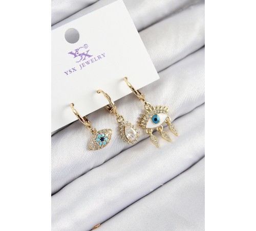Pirinç Zirkon Taşlı 3'lü Fatma'nın Gözü Model Gold Renk Kadın Küpe - TJ-BKP11146
