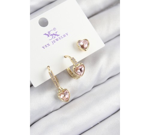 Pirinç Zirkon Taşlı 3'lü Pembe Kalp Model Gold Renk Kadın Küpe - TJ-BKP11147