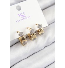 Pirinç Zirkon Taşlı 3'lü Halka Yıldız Model Gold Ve Gümüş Renk Kadın Küpe - TJ-BKP11149