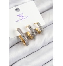 Pirinç Zirkon Taşlı 3'lü Oval Dikdörtgen Model Gold Ve Gümüş Renk Kadın Küpe - TJ-BKP11150