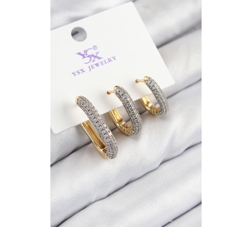 Pirinç Zirkon Taşlı 3'lü Oval Dikdörtgen Model Gold Ve Gümüş Renk Kadın Küpe - TJ-BKP11150