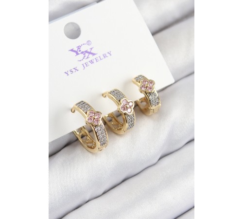 Pirinç Zirkon Taşlı 3'lü Halka Yonca Model Gold Ve Gümüş Renk Kadın Küpe - TJ-BKP11152