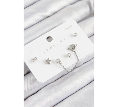Pirinç Zirkon Taşlı Yıldız Ve Gezegen Model Gümüş Renk 925 Ayar Gümüş Çivi Kadın Küpe Set - TJ-BKP11153