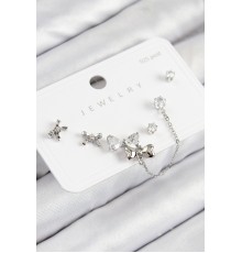 Pirinç Zirkon Taşlı Fiyonk Model Gümüş Renk 925 Ayar Gümüş Çivi Kadın Küpe Set - TJ-BKP11155